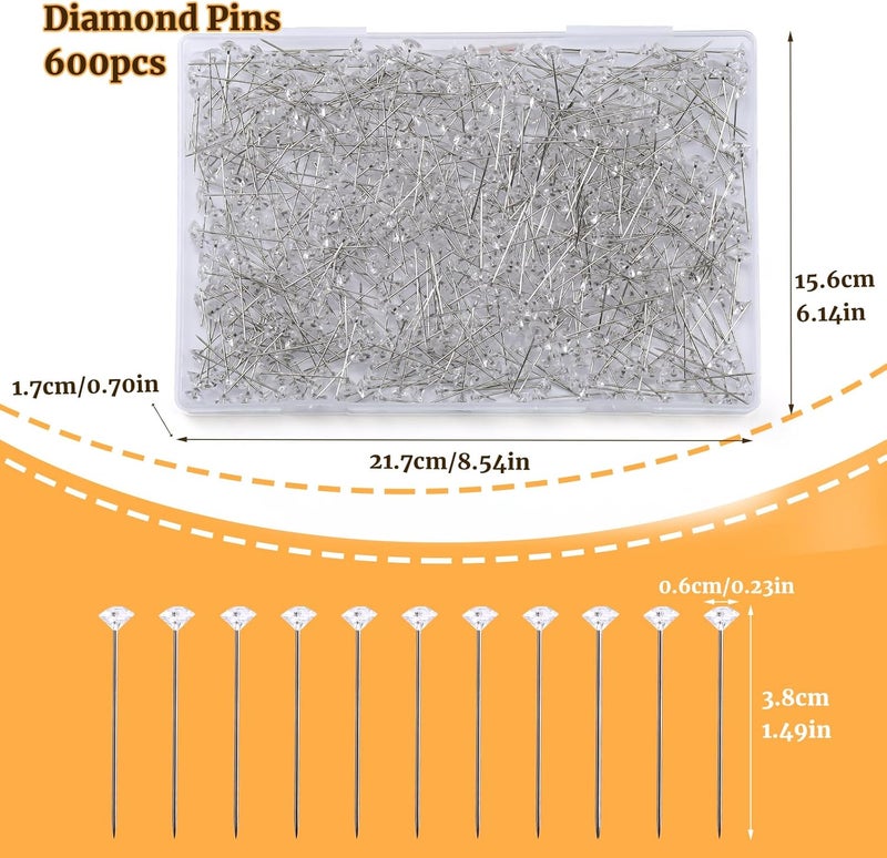 SOCNITC 600 Pcs Bouquet Pins, Straight Diamond Pin, 1.5inch Corsages Pins, Sewing Corsages Flower Pin, Floral Diamond Needle, Crystal Diamond Head for Wedding Jewelry Decoration (8mm*38mm - Image 2